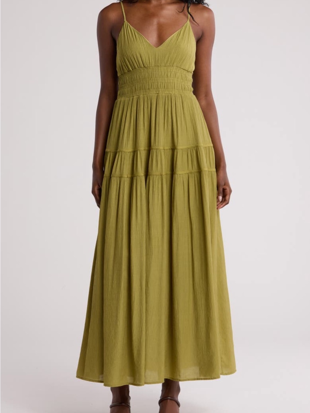 Blu Pepper Olive Green Tiered Maxi Dress with Smocked Waist